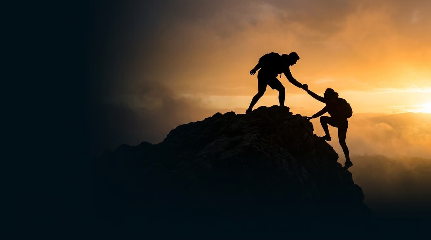 Two climbers helping each other on a mountain summit at sunset